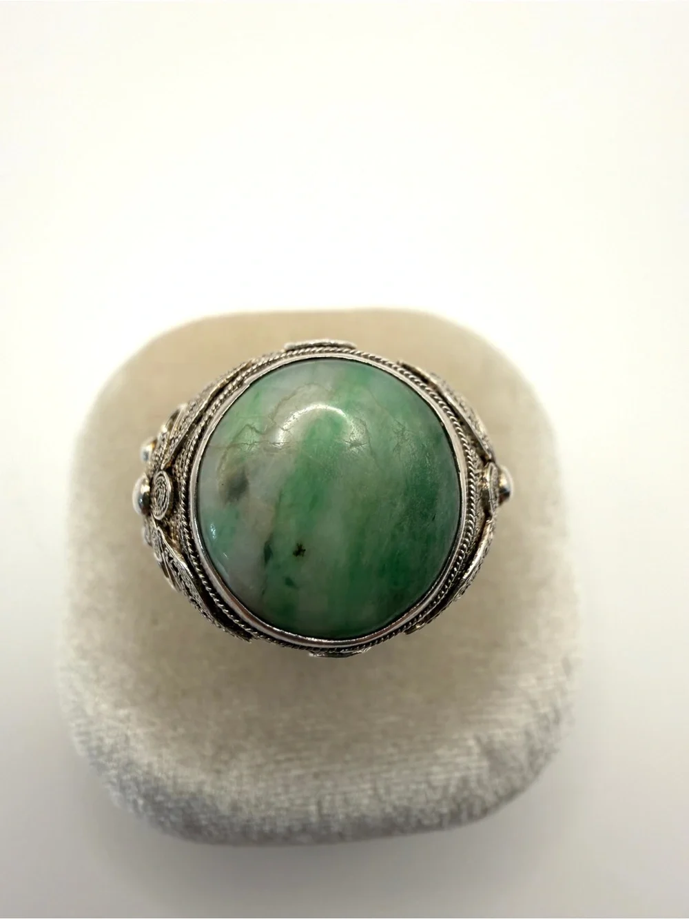 Antique Adjustable Chinese Silver Filigree Ring with Green Stone Cabochon